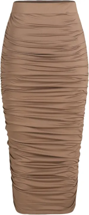 CIDER High Waist Ruched Midi Skirt