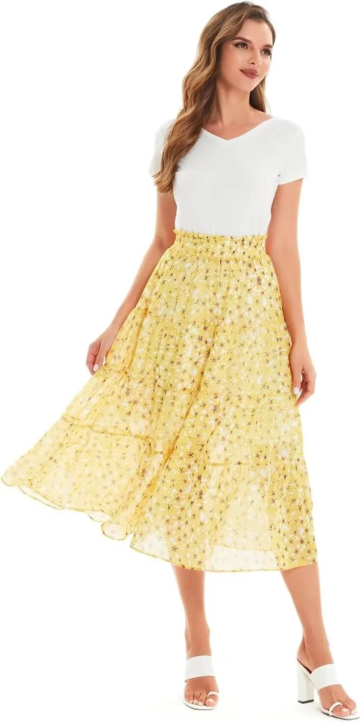 DIASHINY Women's Boho Printed High Waist Pleated Layered Elastic Waist A Line Long Skirt