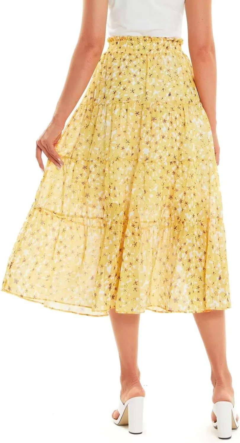 DIASHINY Women's Boho Printed High Waist Pleated Layered Elastic Waist A Line Long Skirt