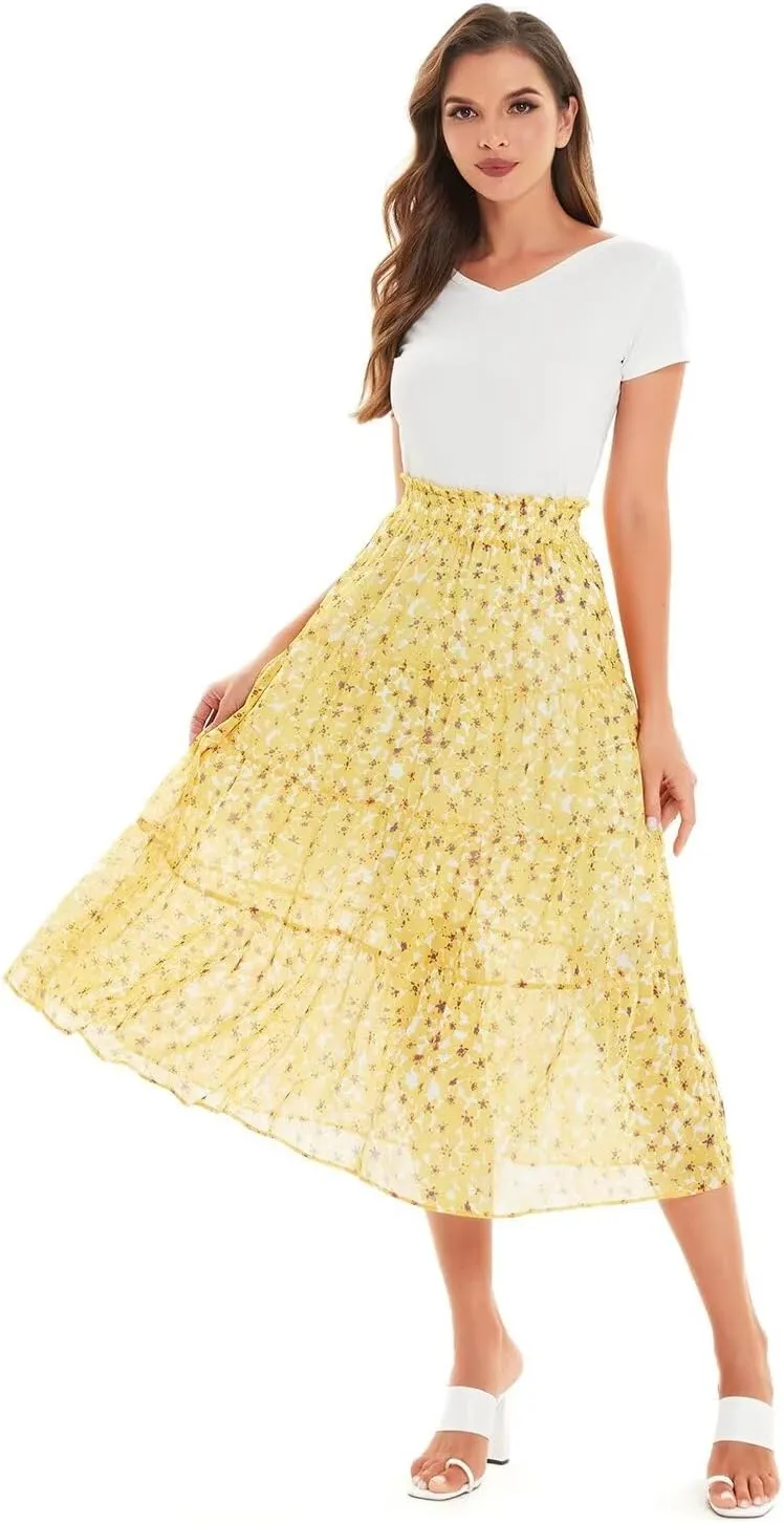 DIASHINY Women's Boho Printed High Waist Pleated Layered Elastic Waist A Line Long Skirt