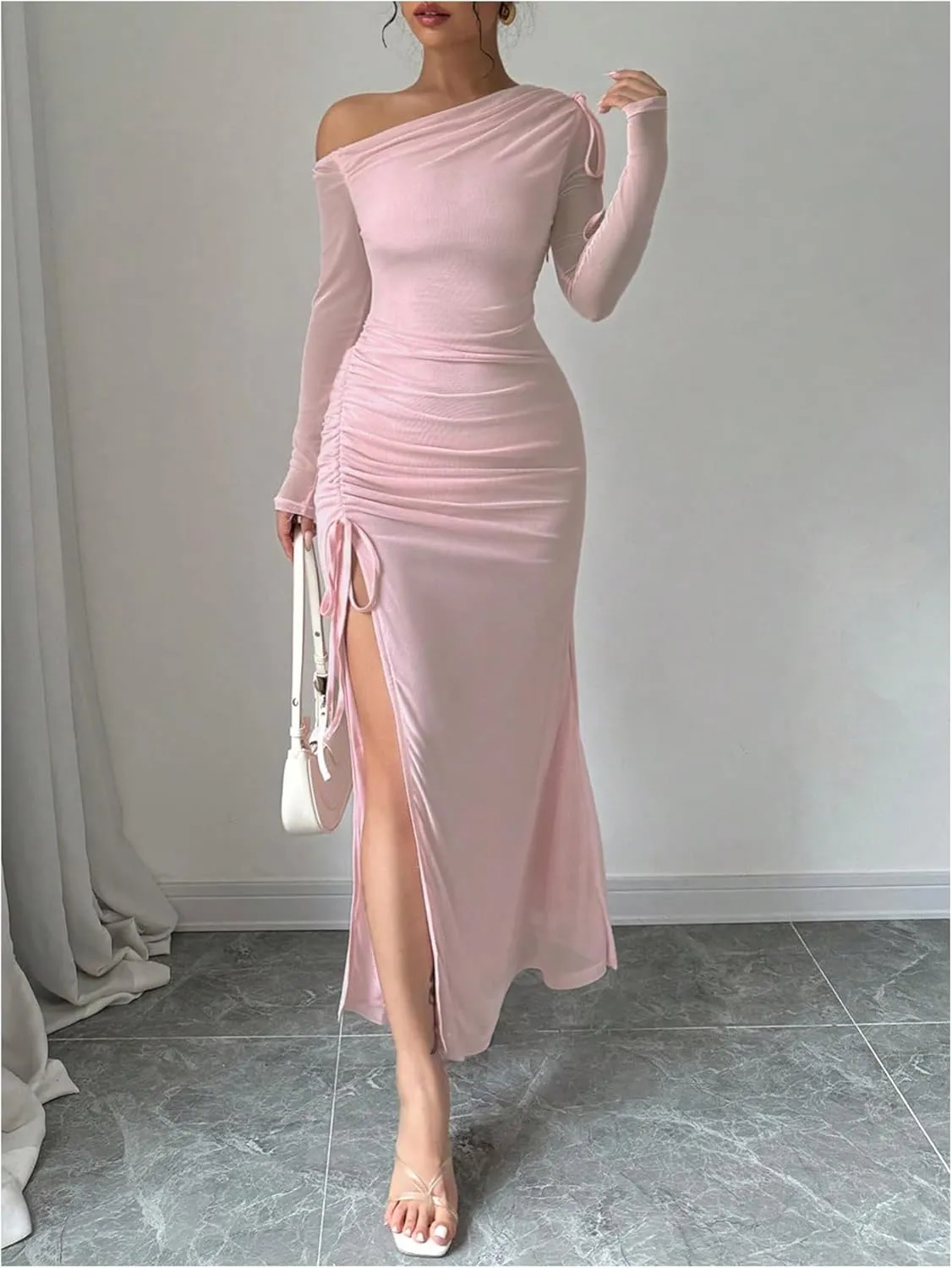 GORGLITTER Women's Drawstring Ruched Split Thigh Mesh Dress Asymmetrical Neck Maxi Dresses