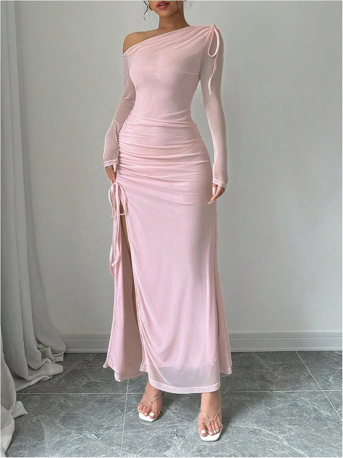GORGLITTER Women's Drawstring Ruched Split Thigh Mesh Dress Asymmetrical Neck Maxi Dresses