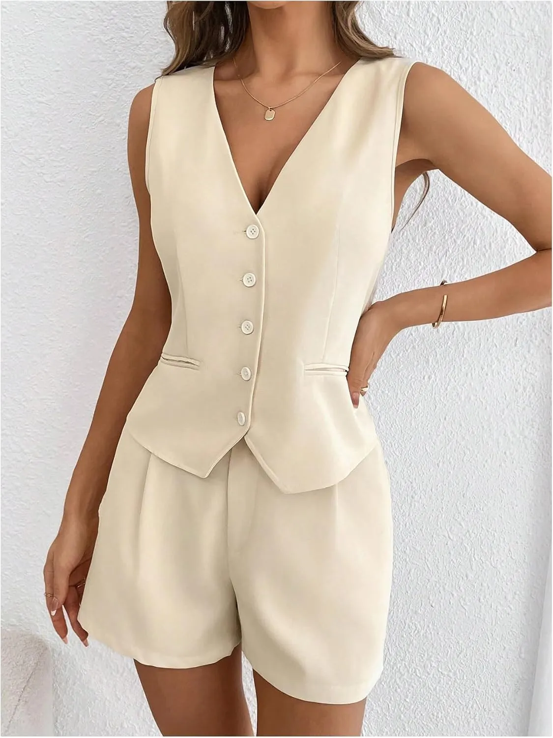 MakeMeChic Women's 2 Piece Outfit Casual Button V Neck Blazer Vest and High Waisted Shorts Set