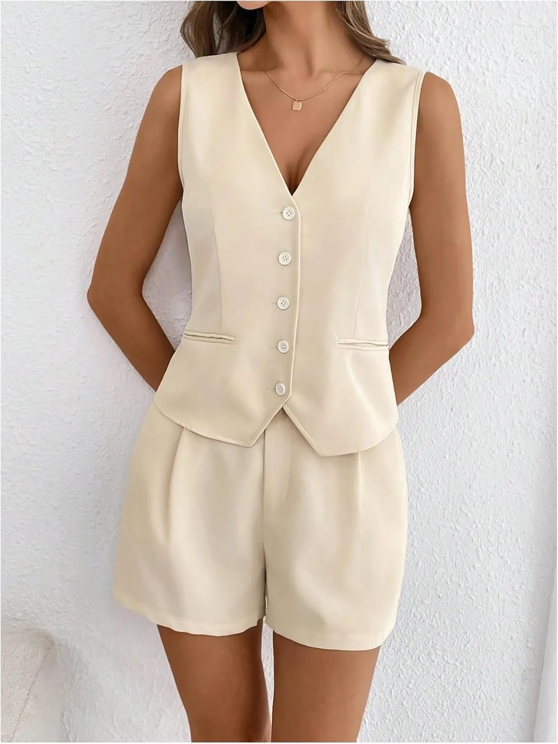 MakeMeChic Women's 2 Piece Outfit Casual Button V Neck Blazer Vest and High Waisted Shorts Set