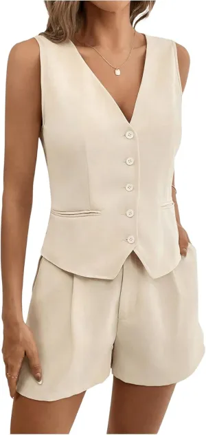 MakeMeChic Women's 2 Piece Outfit Casual Button V Neck Blazer Vest and High Waisted Shorts Set