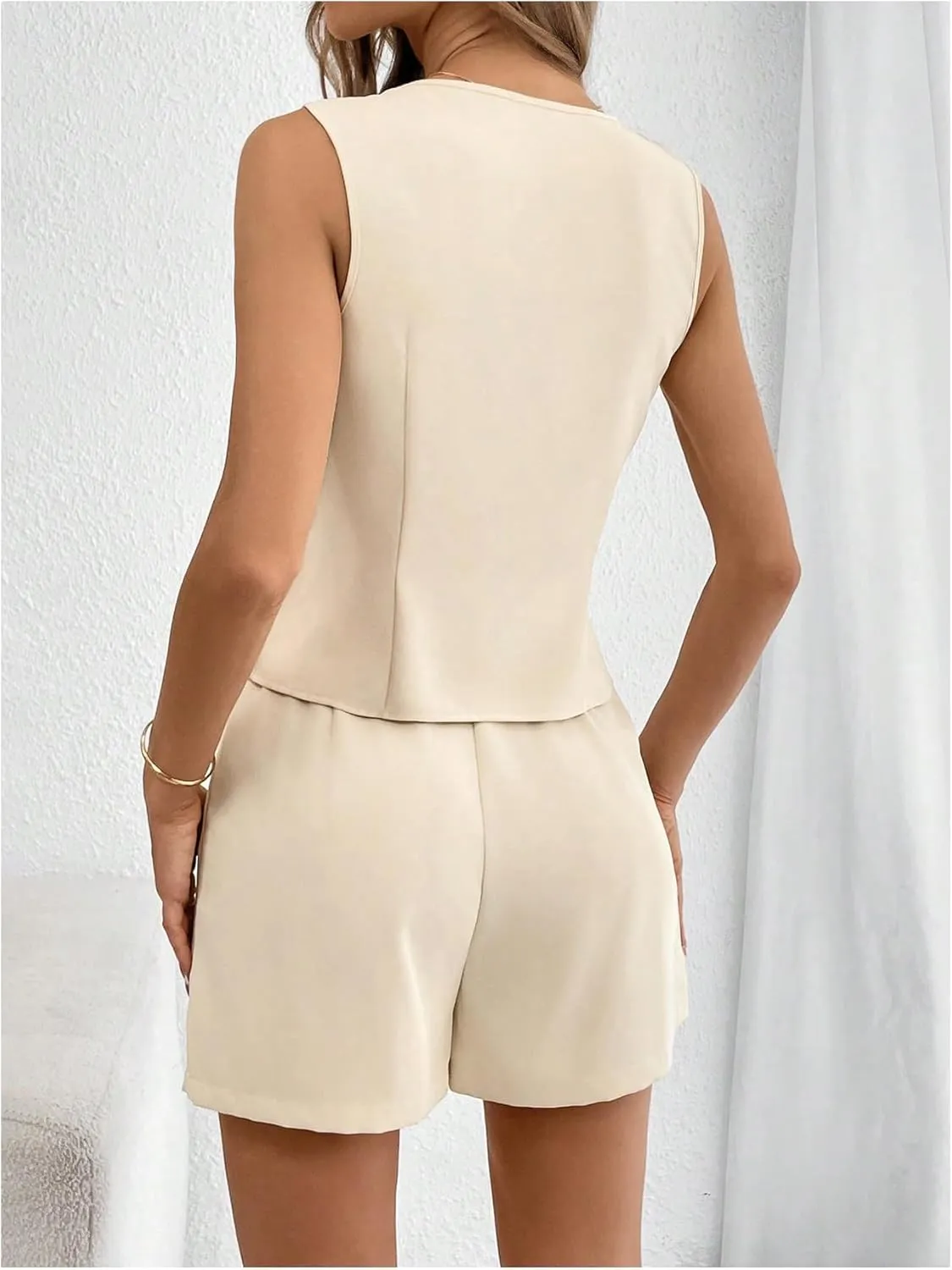 MakeMeChic Women's 2 Piece Outfit Casual Button V Neck Blazer Vest and High Waisted Shorts Set