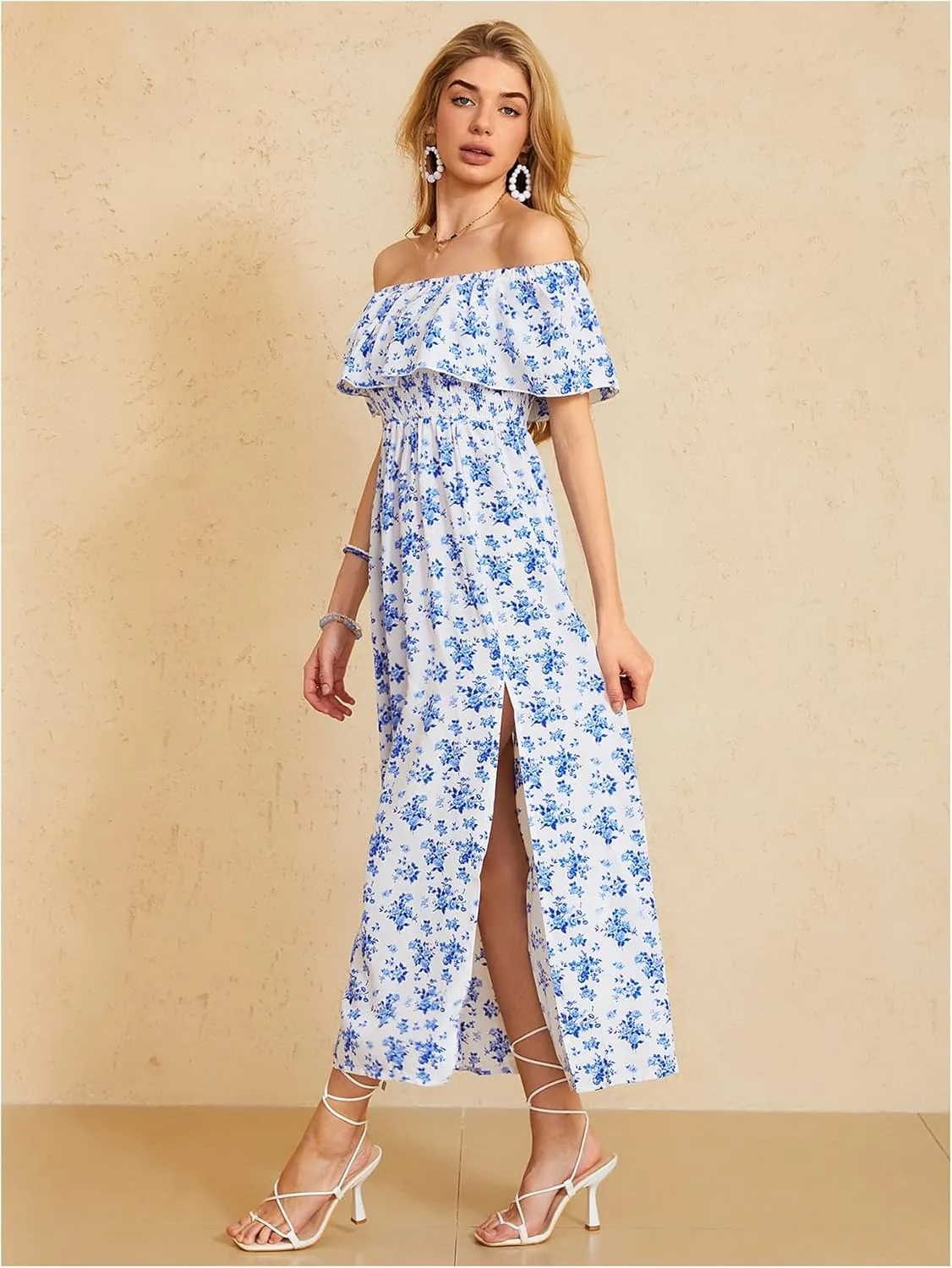 MakeMeChic Women's Floral Print Boho Dress Off Shoulder Shirred Split Thigh Midi Long Dresses