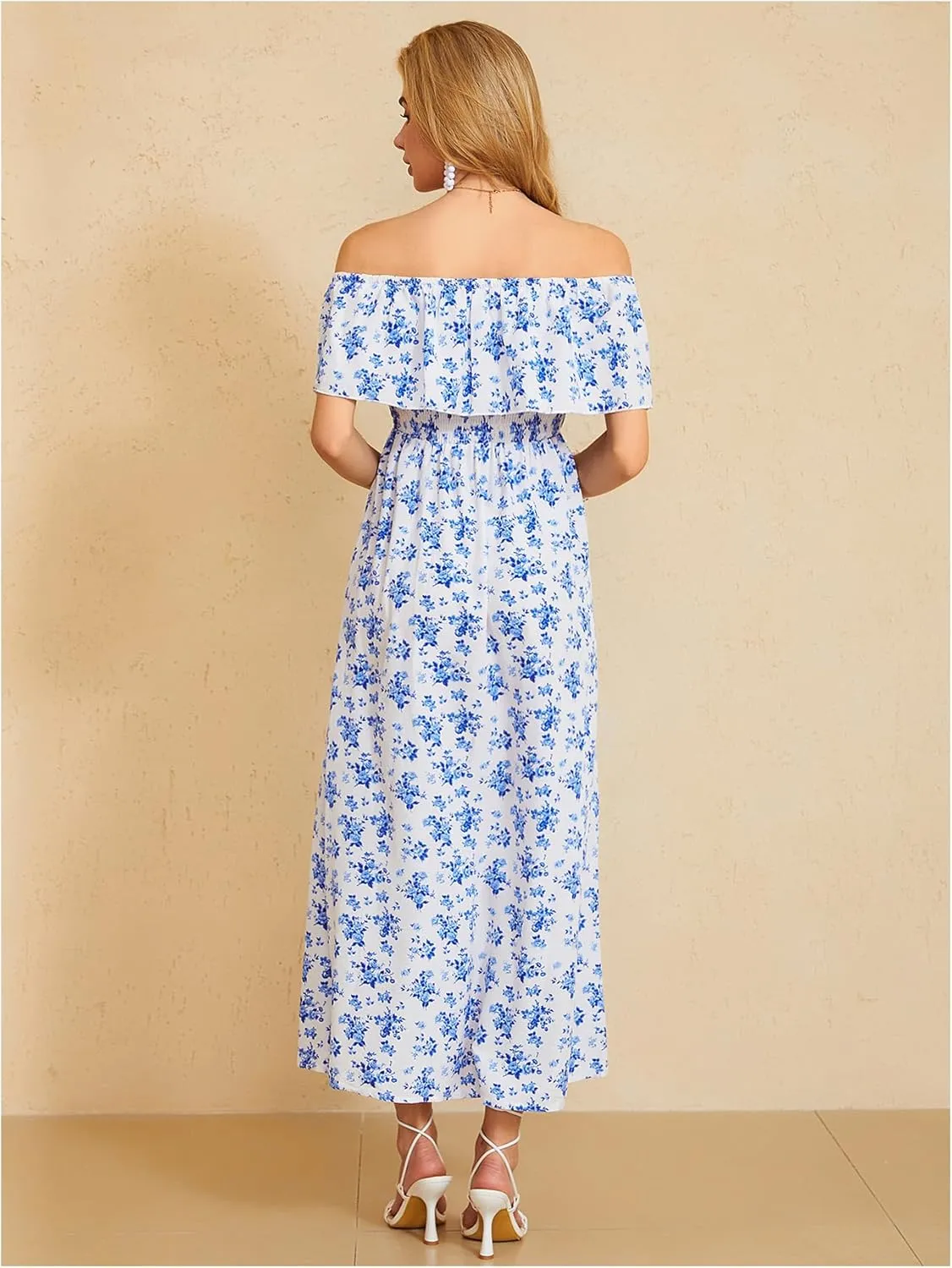 MakeMeChic Women's Floral Print Boho Dress Off Shoulder Shirred Split Thigh Midi Long Dresses