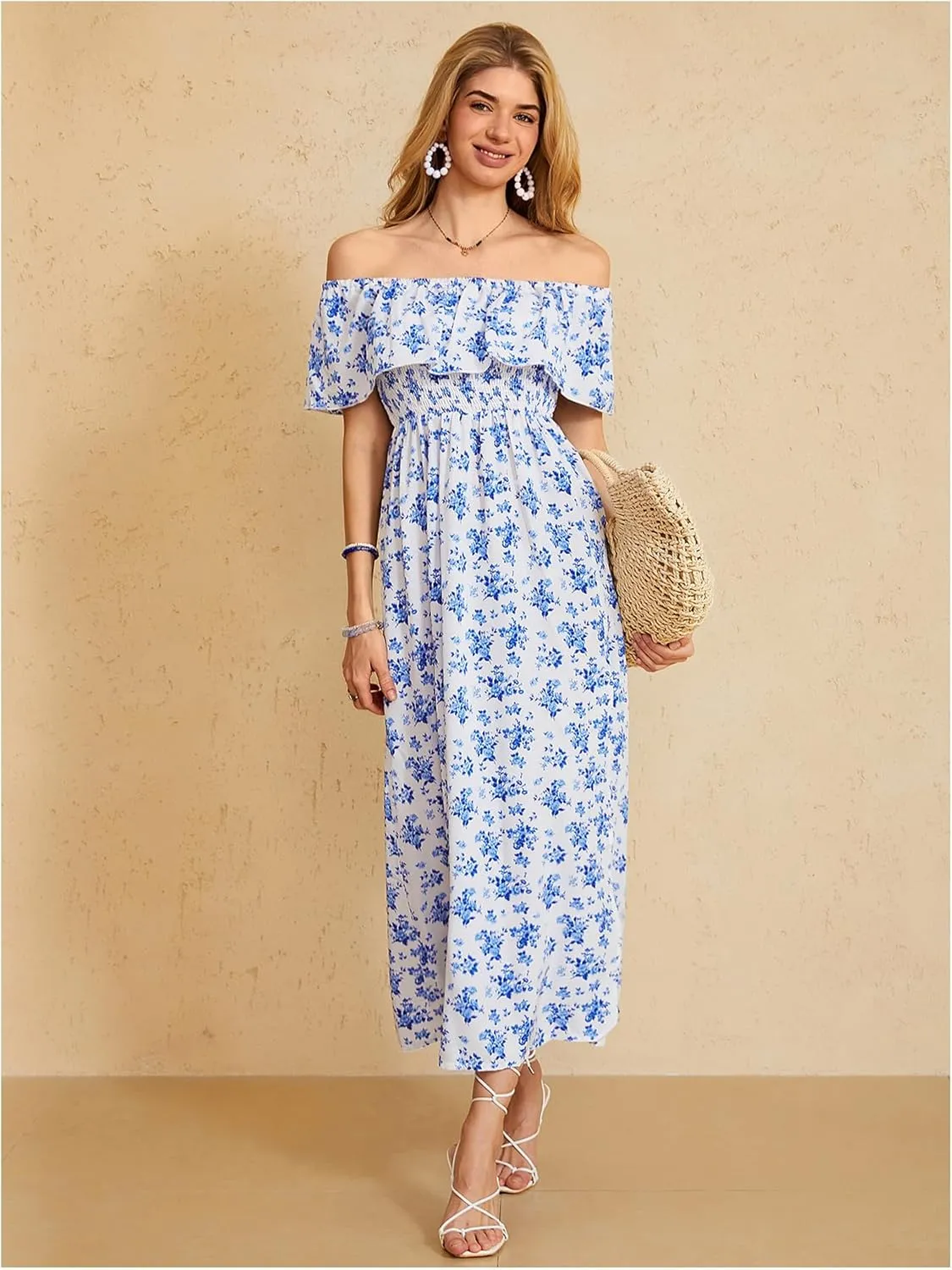 MakeMeChic Women's Floral Print Boho Dress Off Shoulder Shirred Split Thigh Midi Long Dresses