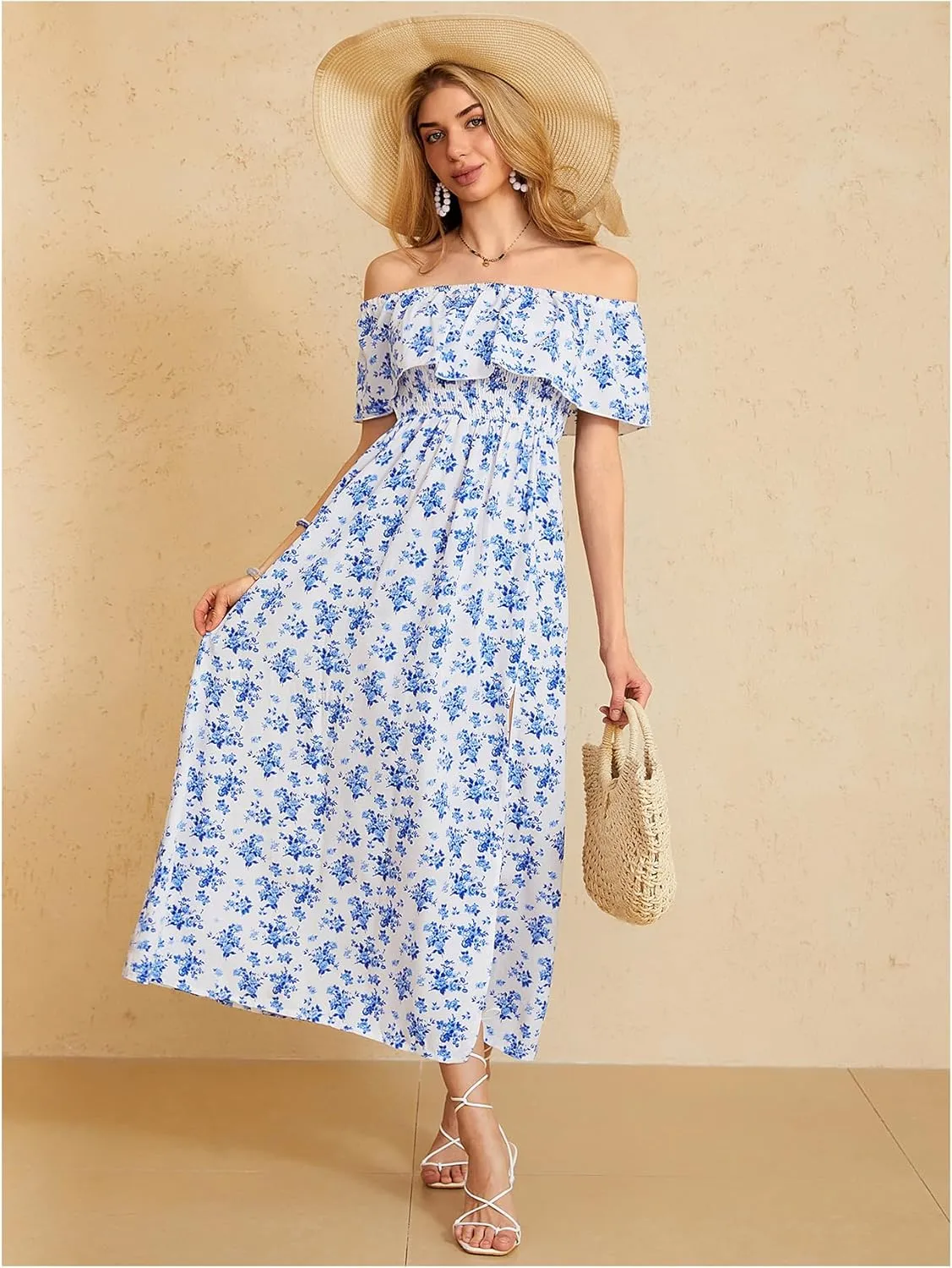 MakeMeChic Women's Floral Print Boho Dress Off Shoulder Shirred Split Thigh Midi Long Dresses