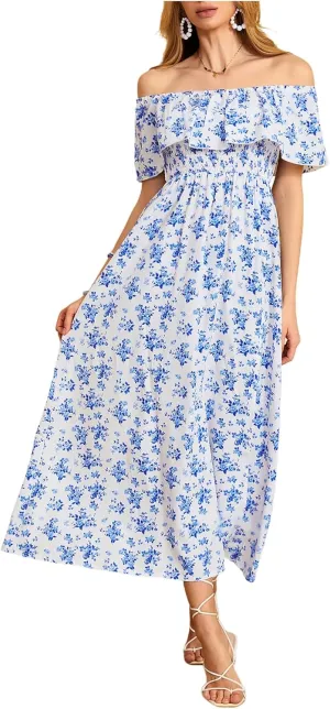 MakeMeChic Women's Floral Print Boho Dress Off Shoulder Shirred Split Thigh Midi Long Dresses
