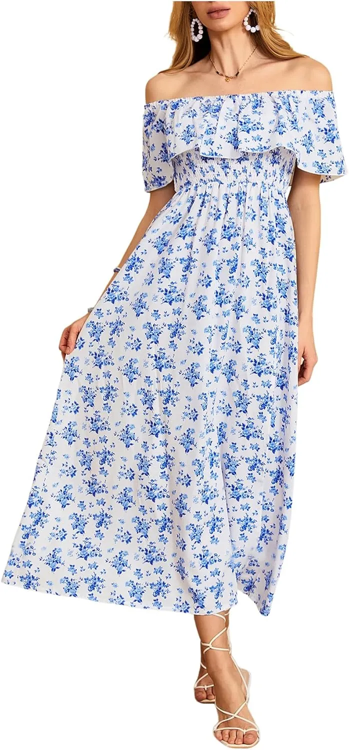 MakeMeChic Women's Floral Print Boho Dress Off Shoulder Shirred Split Thigh Midi Long Dresses