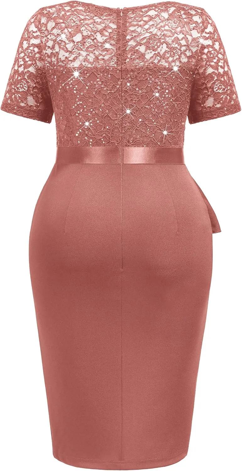 Miusol Women's Plus Size V Neck Sequin Floral Lace Contrast Ruffle Trim Slit Cocktail Dress