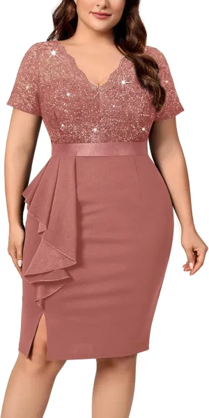 Miusol Women's Plus Size V Neck Sequin Floral Lace Contrast Ruffle Trim Slit Cocktail Dress