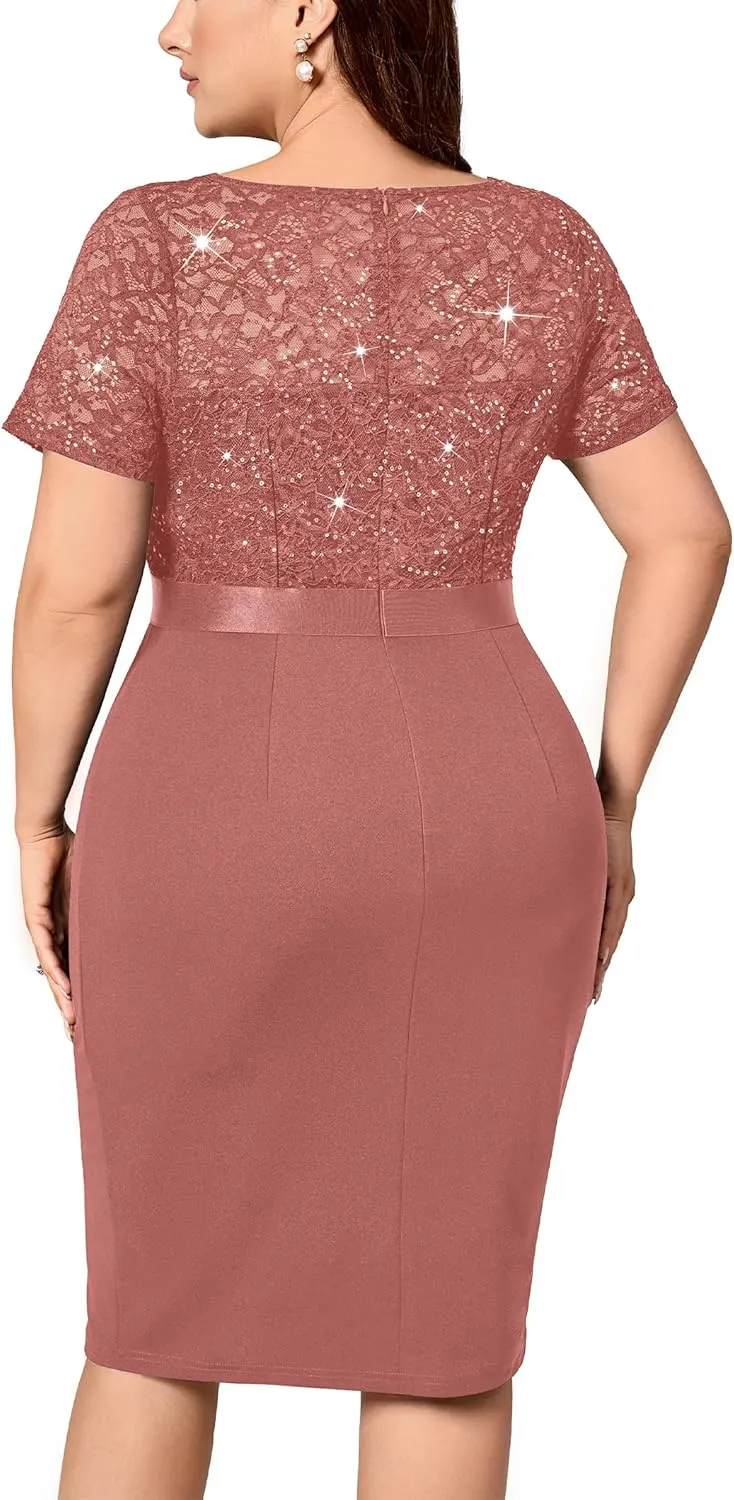 Miusol Women's Plus Size V Neck Sequin Floral Lace Contrast Ruffle Trim Slit Cocktail Dress