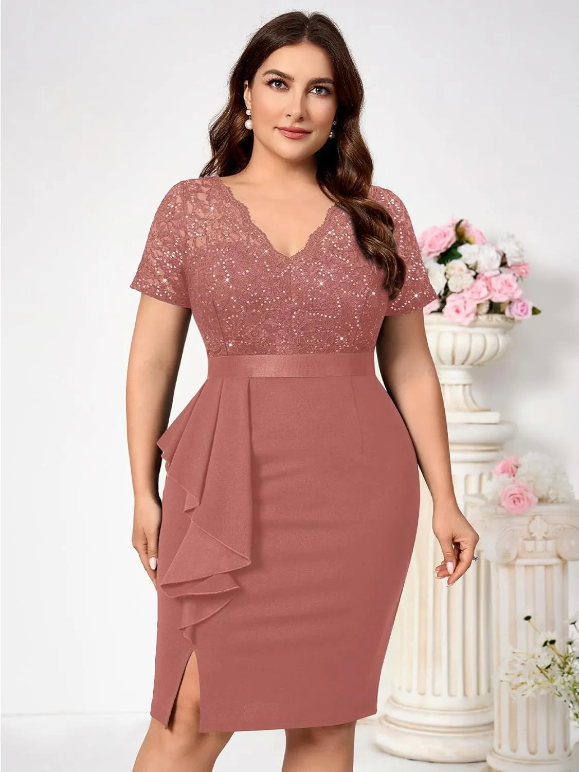Miusol Women's Plus Size V Neck Sequin Floral Lace Contrast Ruffle Trim Slit Cocktail Dress