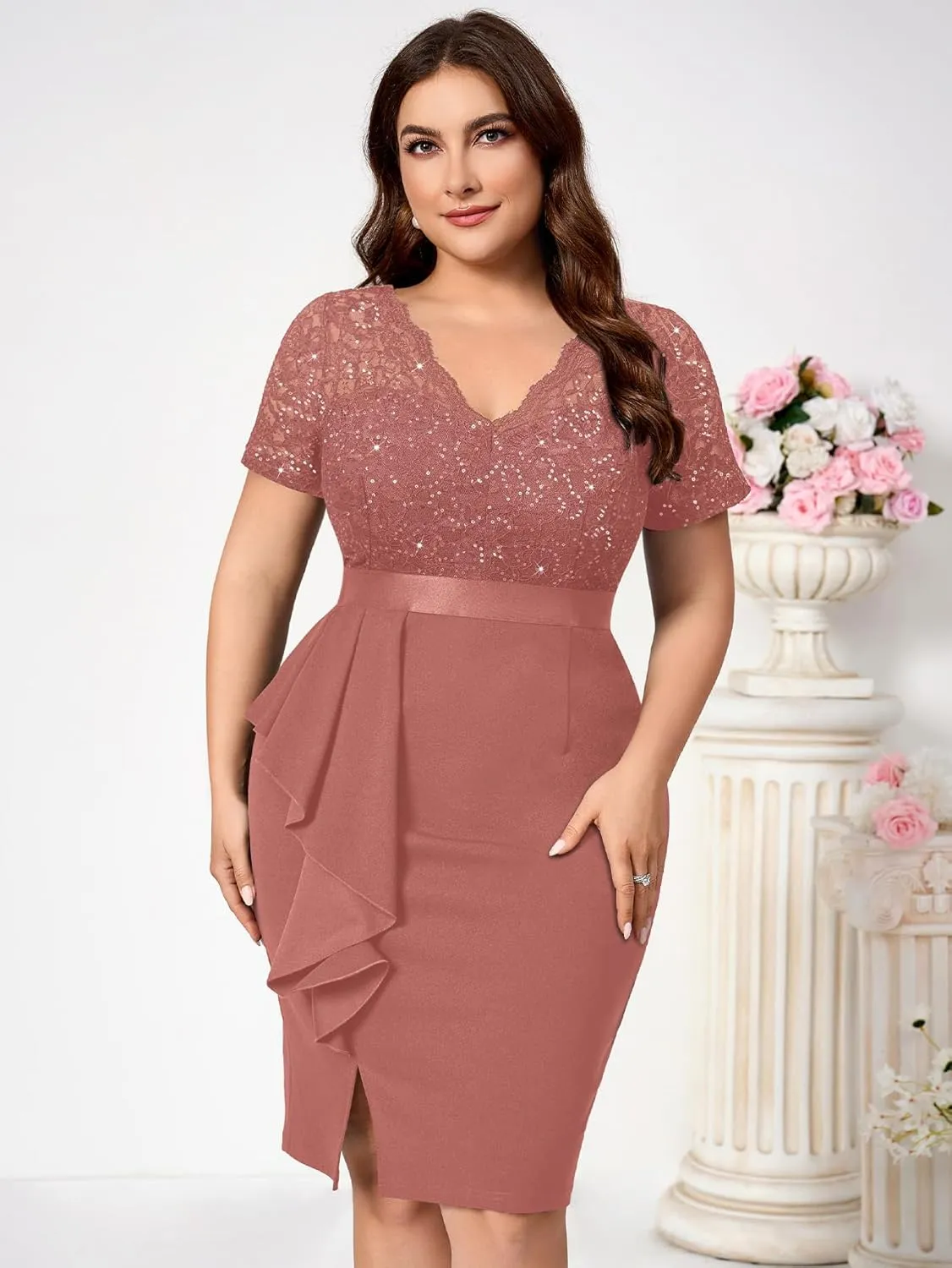 Miusol Women's Plus Size V Neck Sequin Floral Lace Contrast Ruffle Trim Slit Cocktail Dress