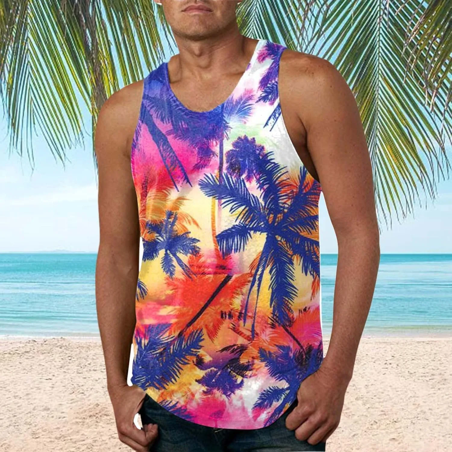 NaRHbrg Palm Tree Tanks Tops for Mens Cool Printed Graphic Sleeveless Tank Top Muscle Shirt for Workout Gym Jogging
