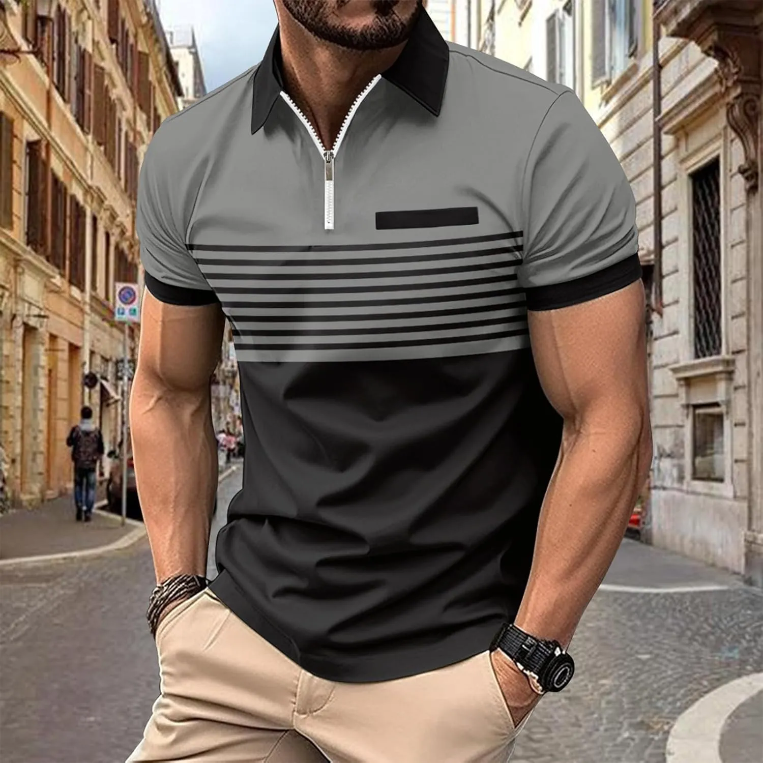 Polo Shirts Man Casual Oversized Short Sleeve Button Lapel Golf Tee Shirt Fashion Solid Color Stripe Cozy Fit Tops