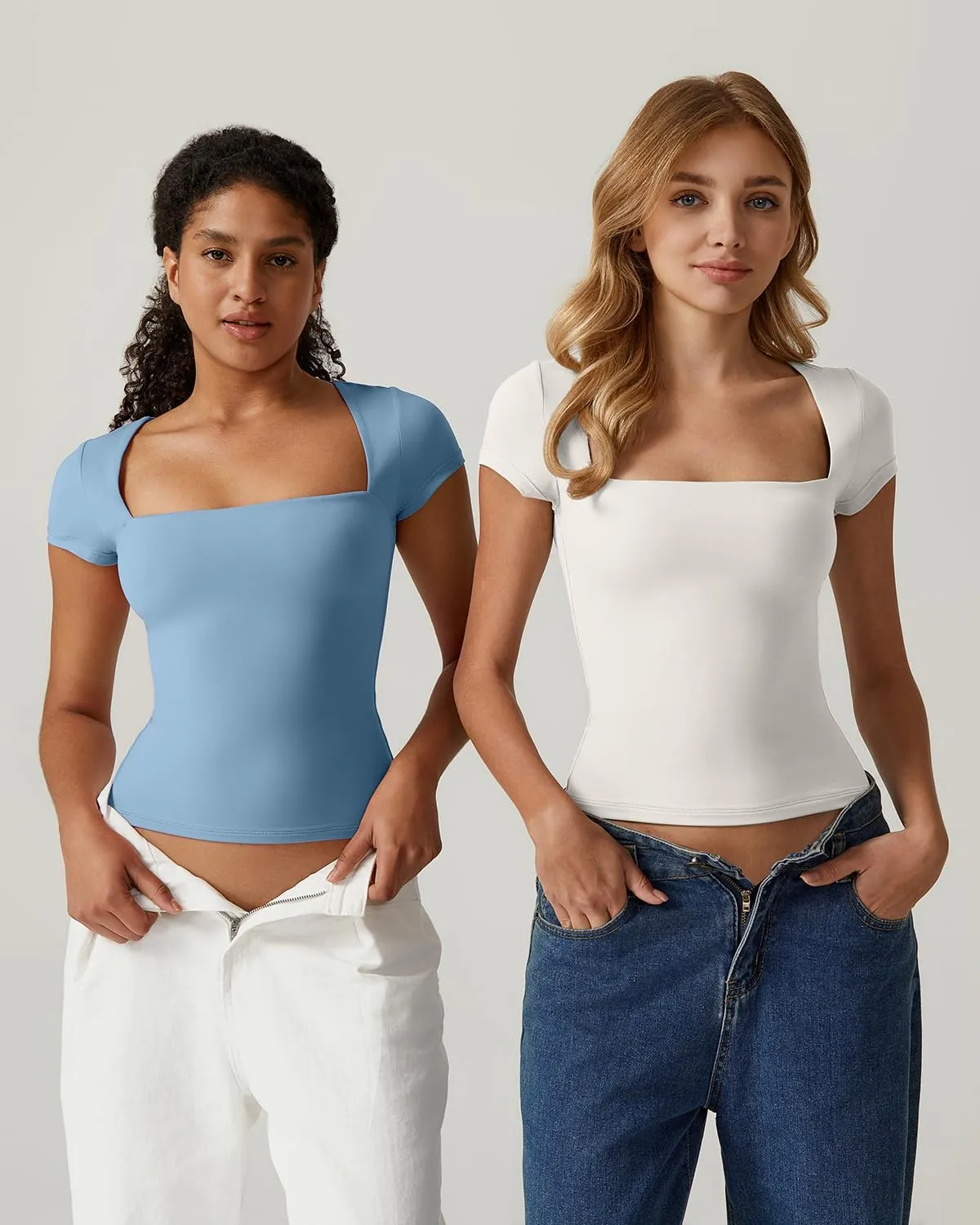 QINSEN Women's Square Neck Short Sleeve T Shirts Double Lined Basic Tee Slim Fit Tops