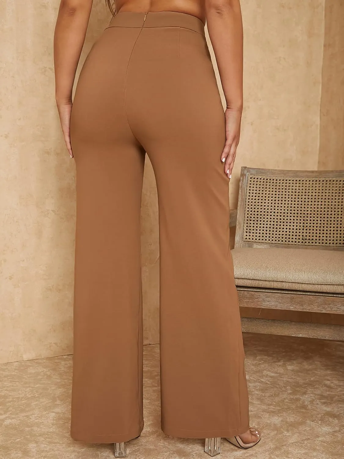 SweatyRocks Women's Overlap Waist Seam Front Palazzo Wide Leg Pants High Waist Long Pant Casual Trousers