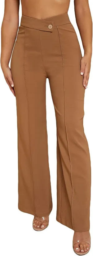 SweatyRocks Women's Overlap Waist Seam Front Palazzo Wide Leg Pants High Waist Long Pant Casual Trousers