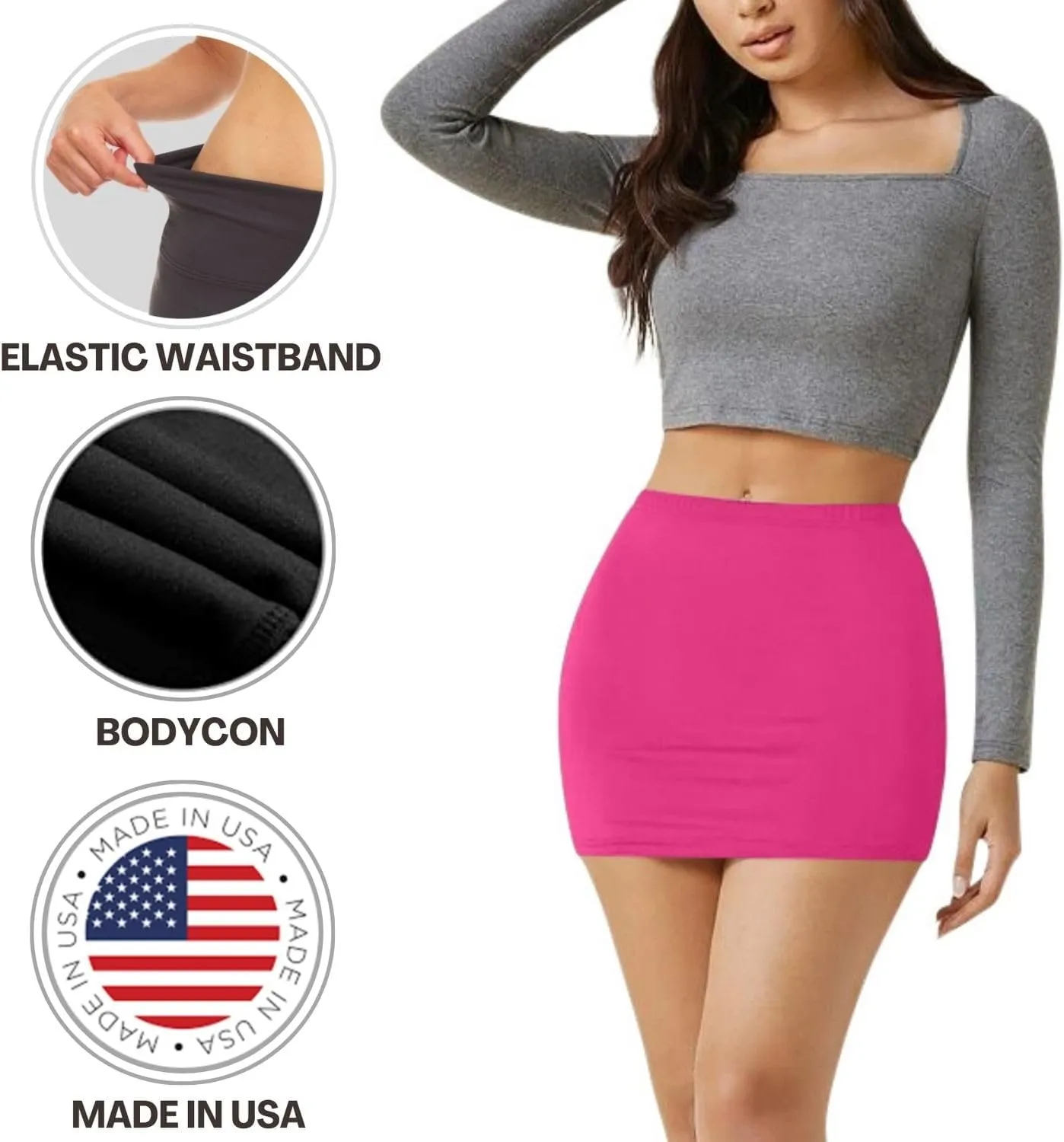 Sweet Hearts Womens Elastic Waist Mini Pencil Skirt - Cotton High Waist Above Knee Basic Bodycon Short Skirt Made in USA