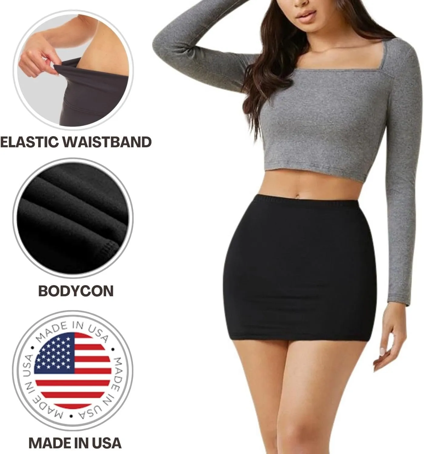 Sweet Hearts Womens Elastic Waist Mini Pencil Skirt - Cotton High Waist Above Knee Basic Bodycon Short Skirt Made in USA