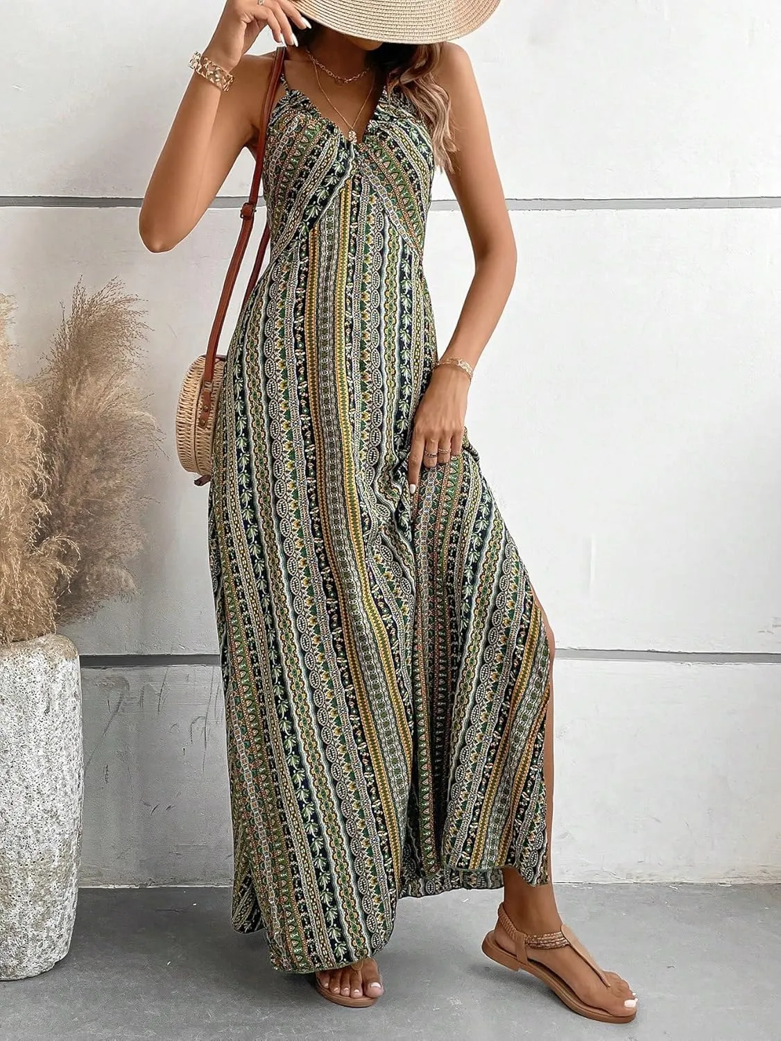 Verdusa Women's Geo Print V Neck Sleeveless Split Thigh Cami Maxi Dress
