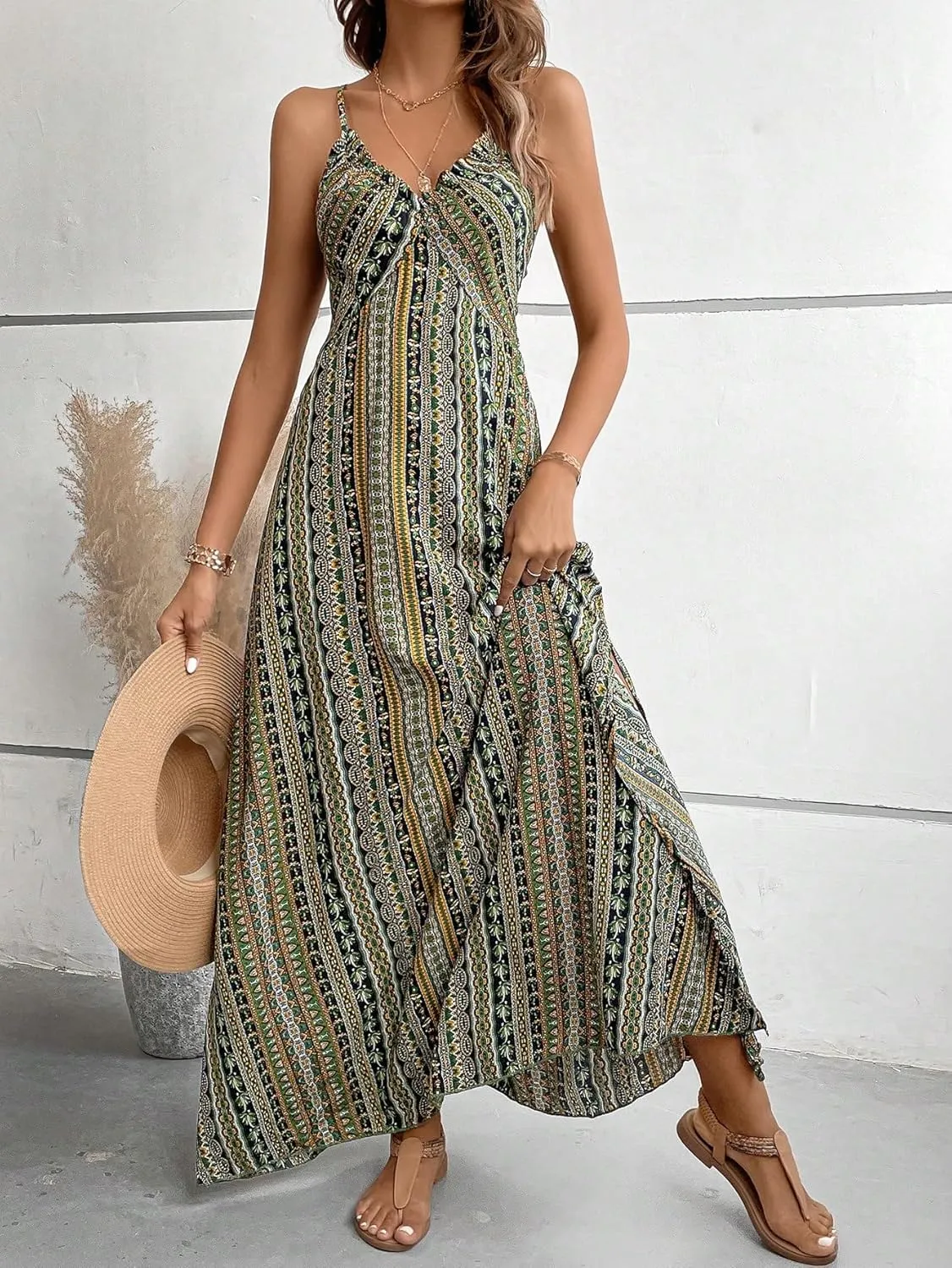 Verdusa Women's Geo Print V Neck Sleeveless Split Thigh Cami Maxi Dress