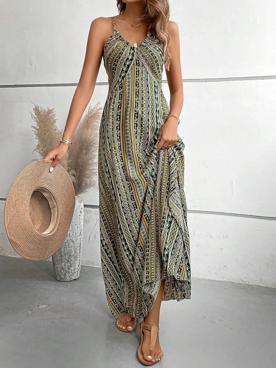 Verdusa Women's Geo Print V Neck Sleeveless Split Thigh Cami Maxi Dress