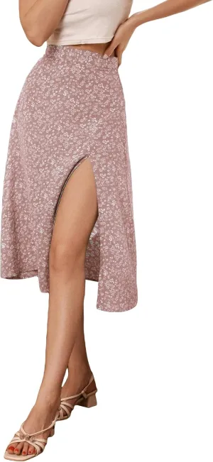 Verdusa Women's Sexy Boho Floral Split Thigh High Waist Swing Midi Skirt