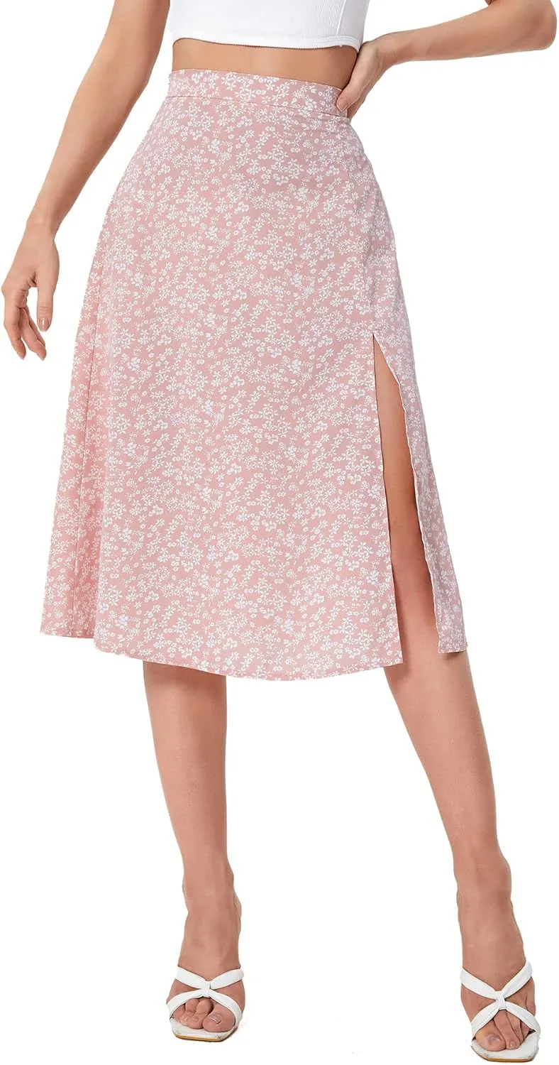 Verdusa Women's Sexy Boho Floral Split Thigh High Waist Swing Midi Skirt