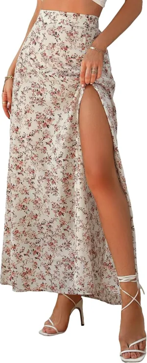 Verdusa Women's Sexy Boho Floral Split Thigh High Waist Swing Midi Skirt