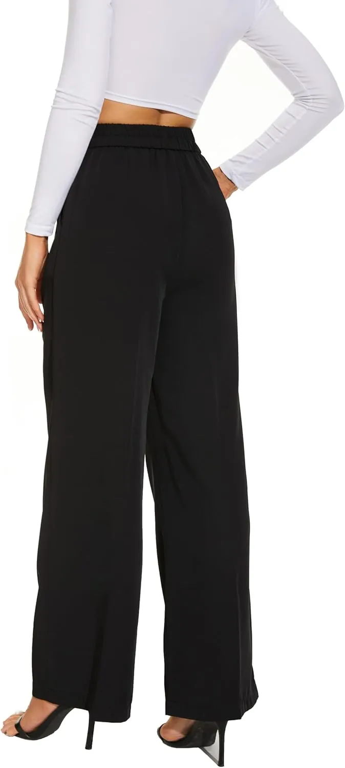 Women Wide Leg High Waist Wide Leg Pants Loose Fit Back Elastic Waist Pleated Front Trousers for Work Casual
