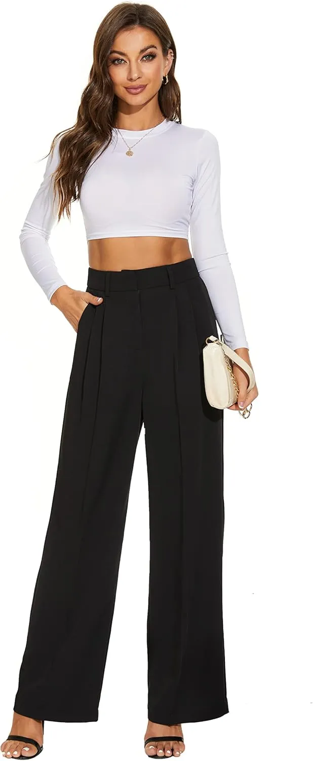 Women Wide Leg High Waist Wide Leg Pants Loose Fit Back Elastic Waist Pleated Front Trousers for Work Casual