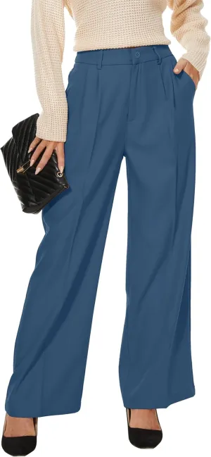 Women Wide Leg High Waist Wide Leg Pants Loose Fit Back Elastic Waist Pleated Front Trousers for Work Casual
