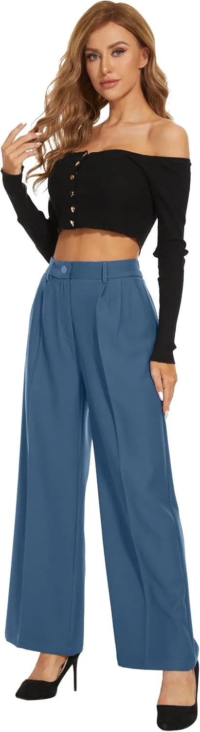 Women Wide Leg High Waist Wide Leg Pants Loose Fit Back Elastic Waist Pleated Front Trousers for Work Casual