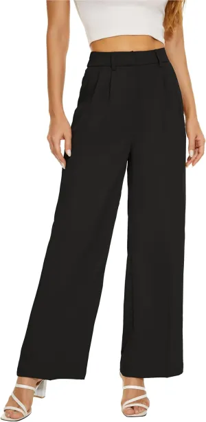 Women Wide Leg High Waist Wide Leg Pants Loose Fit Back Elastic Waist Pleated Front Trousers for Work Casual