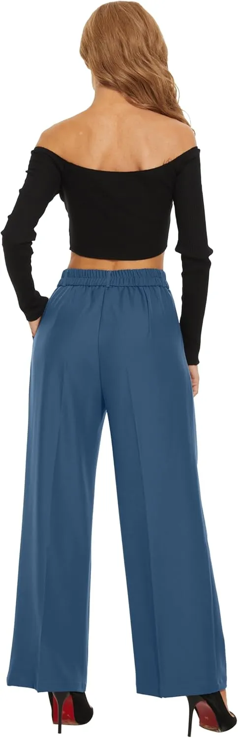Women Wide Leg High Waist Wide Leg Pants Loose Fit Back Elastic Waist Pleated Front Trousers for Work Casual
