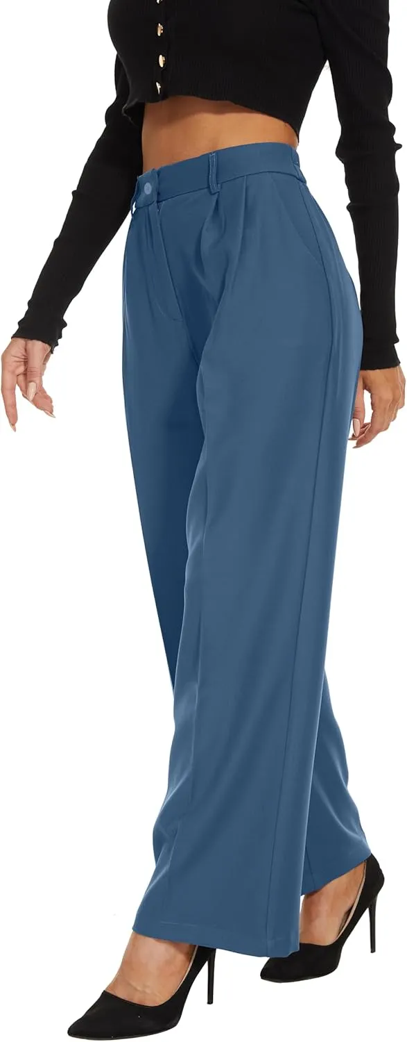 Women Wide Leg High Waist Wide Leg Pants Loose Fit Back Elastic Waist Pleated Front Trousers for Work Casual