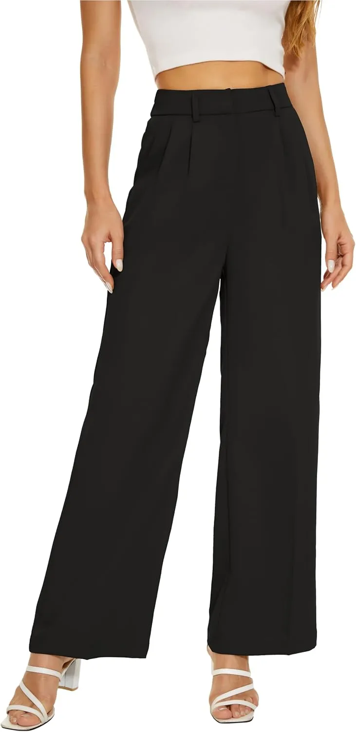 Women Wide Leg High Waist Wide Leg Pants Loose Fit Back Elastic Waist Pleated Front Trousers for Work Casual