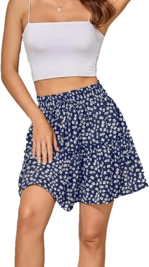 Womens Fashion Elastic Waist Flared Short Skirt Floral Print Pleated High Waist Mini Skater Skirt with Drawstring
