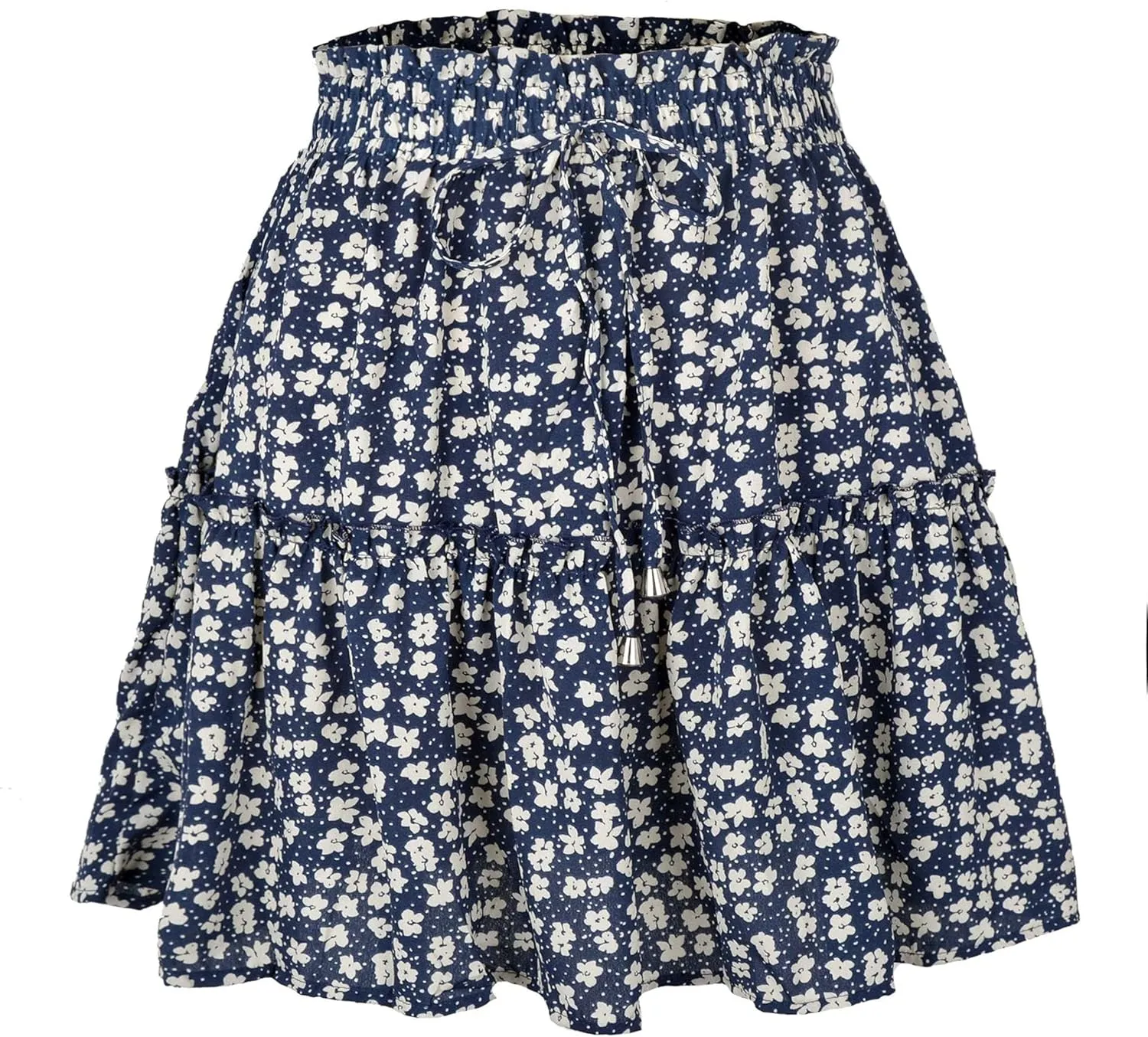 Womens Fashion Elastic Waist Flared Short Skirt Floral Print Pleated High Waist Mini Skater Skirt with Drawstring
