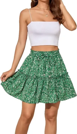 Womens Fashion Elastic Waist Flared Short Skirt Floral Print Pleated High Waist Mini Skater Skirt with Drawstring