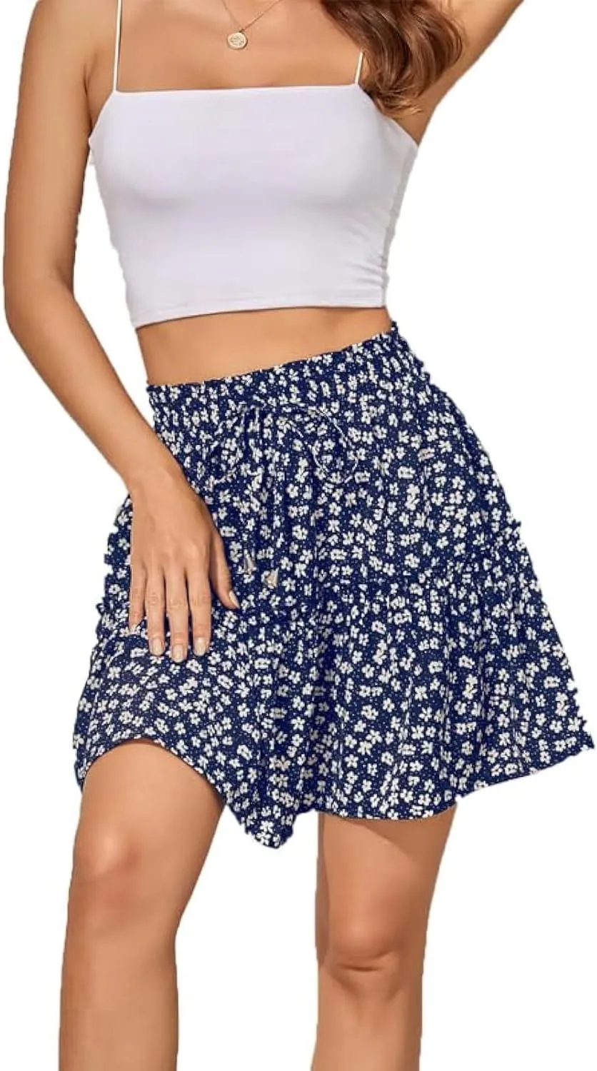 Womens Fashion Elastic Waist Flared Short Skirt Floral Print Pleated High Waist Mini Skater Skirt with Drawstring