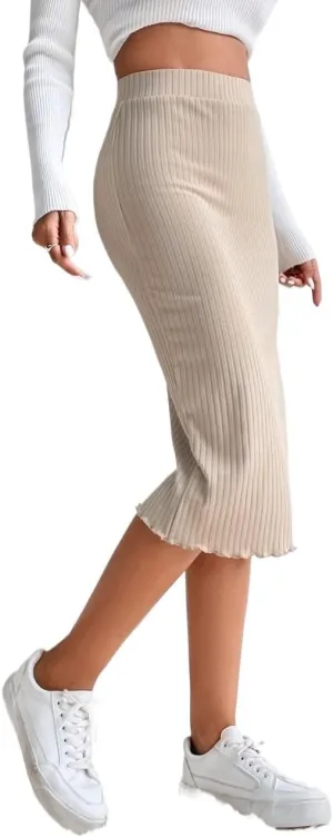 Women's Maxi Skirt Summer Midi High Waist Elastic Waist Ribbed Knit Pencil Skirt