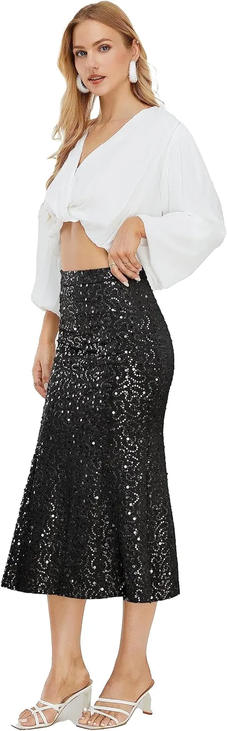 Women's Sequin Skirt Sparkle Stretchy Bodycon Midi Mermaid Skirt Formal Skirts Night Out Party Silver