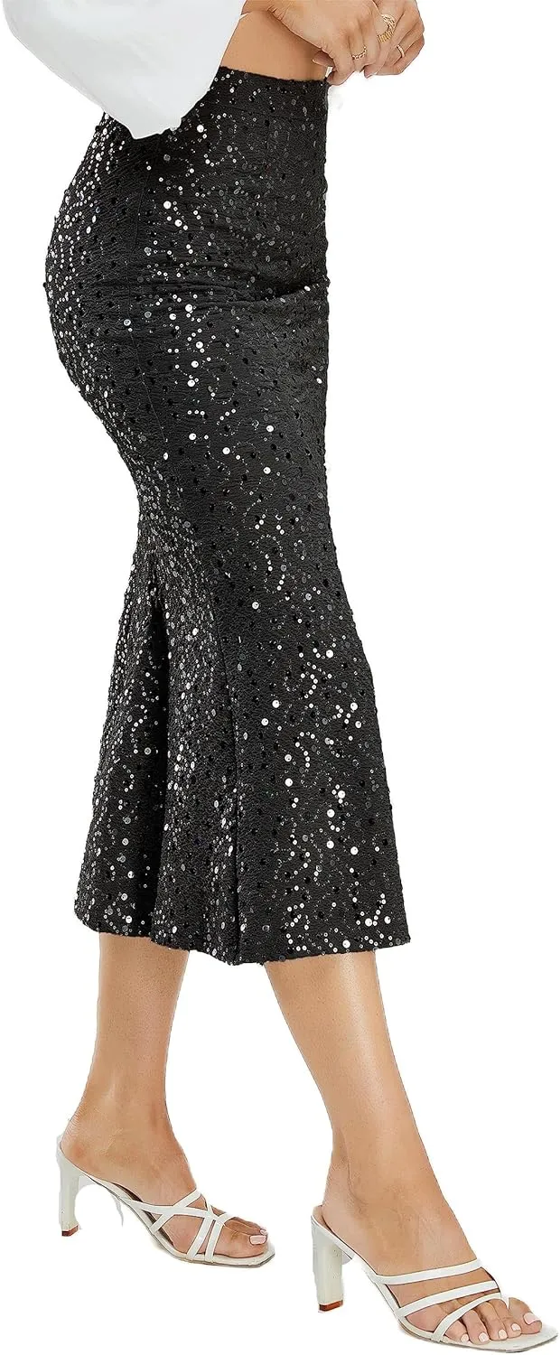 Women's Sequin Skirt Sparkle Stretchy Bodycon Midi Mermaid Skirt Formal Skirts Night Out Party Silver