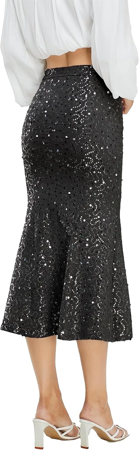 Women's Sequin Skirt Sparkle Stretchy Bodycon Midi Mermaid Skirt Formal Skirts Night Out Party Silver